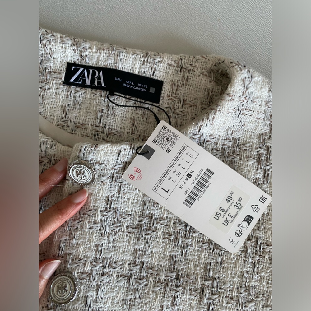Zara Textured Cropped Vest Round neck Top Front pockets Ecru Beige size L NWT - Picture 16 of 16